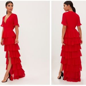 Wedding Guest Dress Red Chiffon Ruffle Layer Maxi